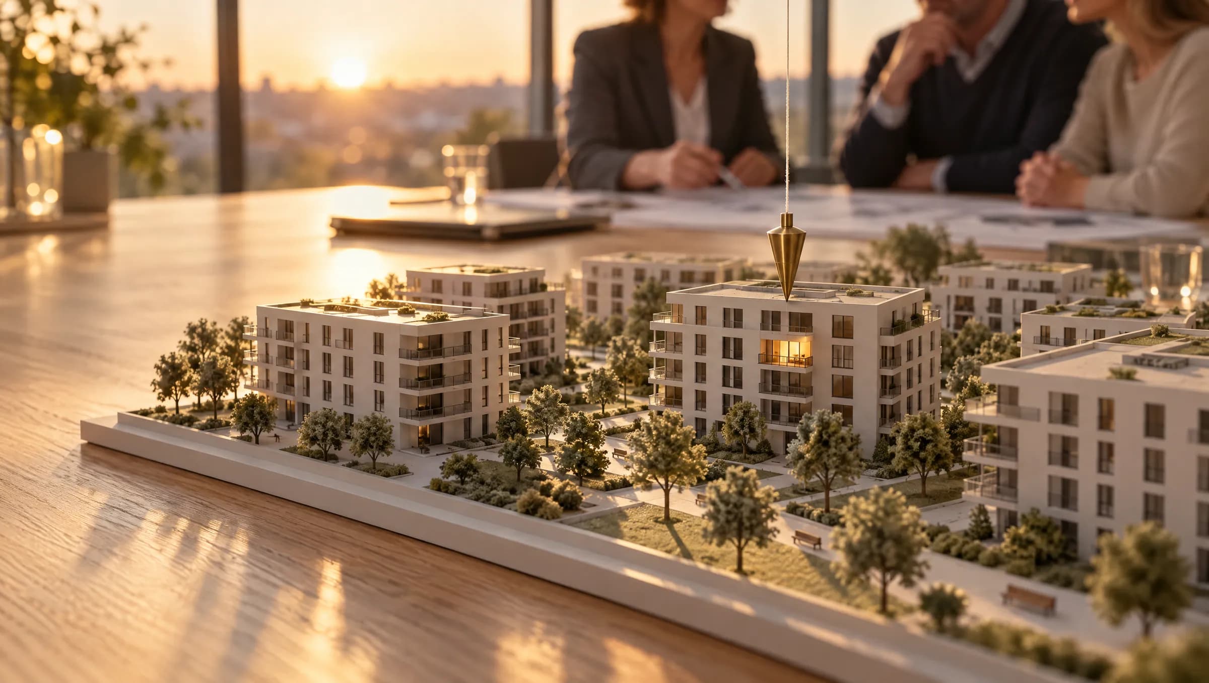 Symbolbild: Architekturmodell eines Wohnquartiers im Gegenlicht auf einem Besprechungstisch, ein Senklot aus Messing zeigt auf eine einzelne beleuchtete Wohnung, im Hintergrund unscharf ein Beratungsgespräch